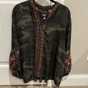 Johnny Was Embroidered blouse. Camouflage print with beautiful embroidery
